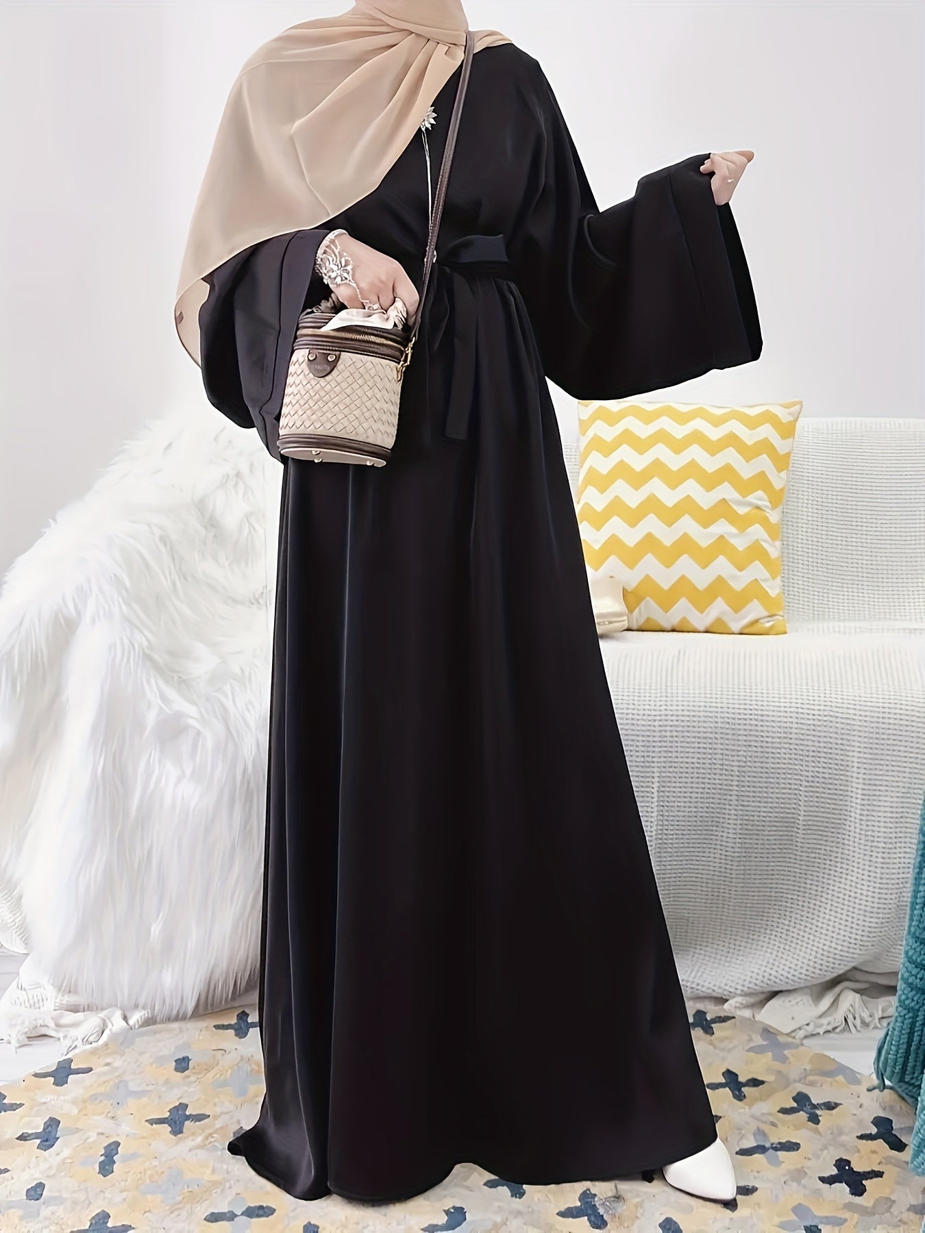 Elegant långärmad Abaya, enfärgad, icke-stretch,  , vår/sommar/höst.