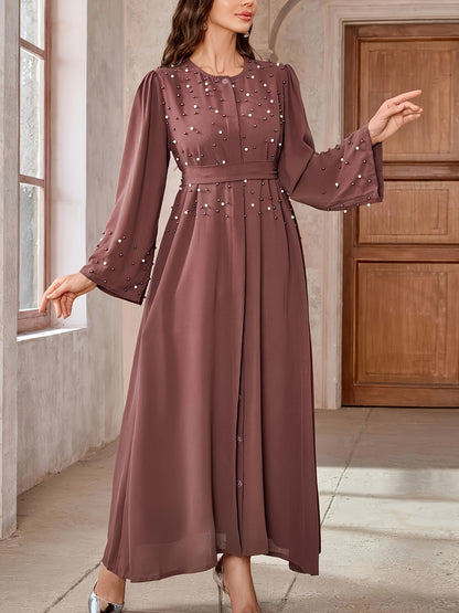 Elegant långlång polyester Abaya med pärldekorationer och bälte, enfärgad, vävt tyg, för alla årstider - Mellanösternstil