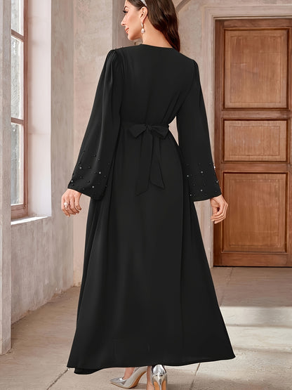 Elegant långlång polyester Abaya med pärldekorationer och bälte, enfärgad, vävt tyg, för alla årstider - Mellanösternstil