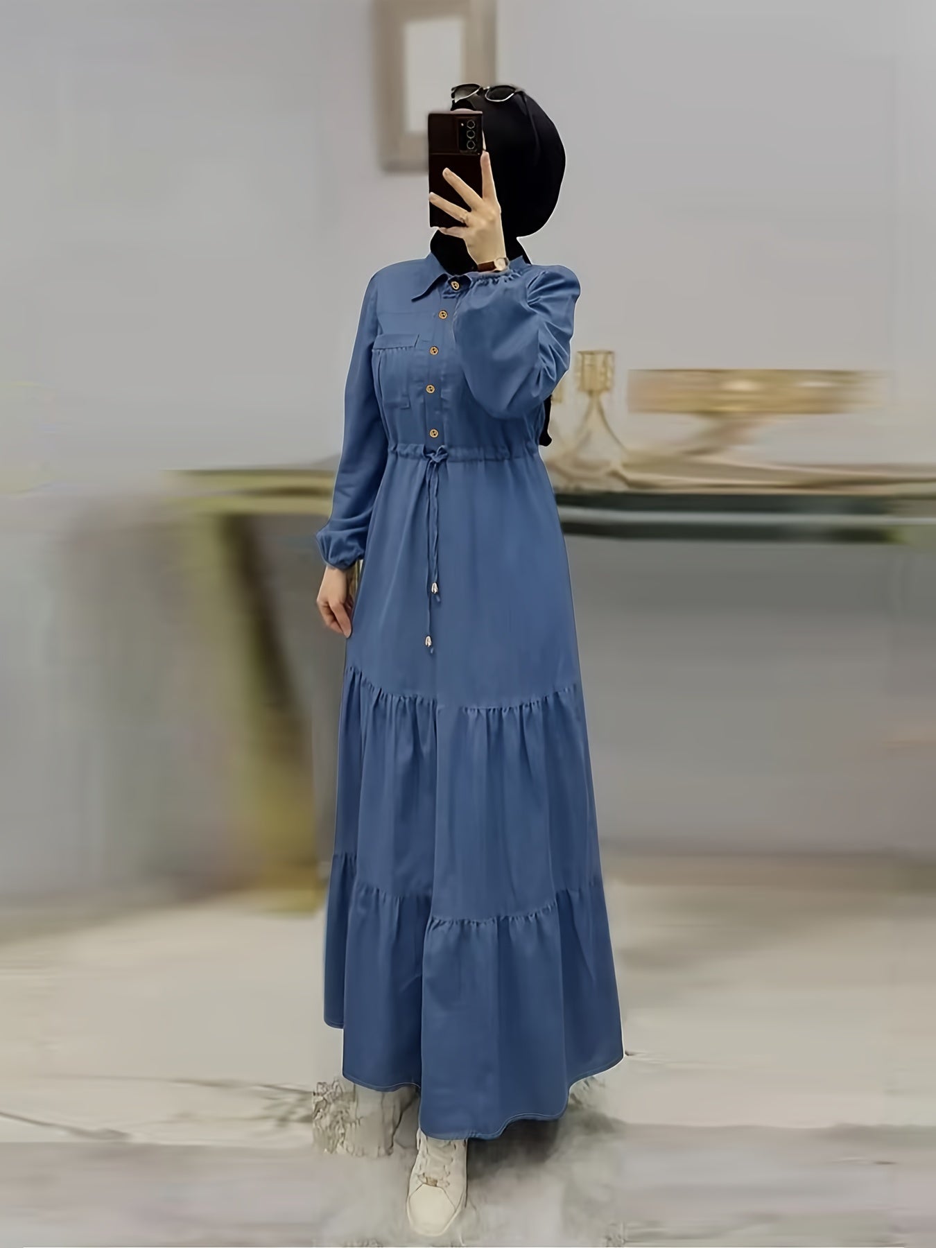 Långärmad skjorta Krage Modest Klänning, Dragsko Abaya, Damkläder