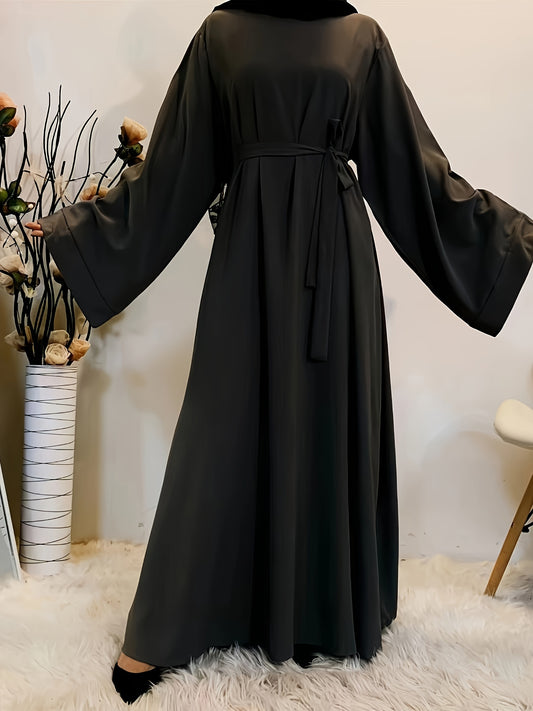 Elegant Abaya-klänning i enfärgad färg för kvinnor, långärmad maxiklänning i polyester, med vanliga ärmar och vävt tyg, med avtagbart bälte för vår/sommar/höst