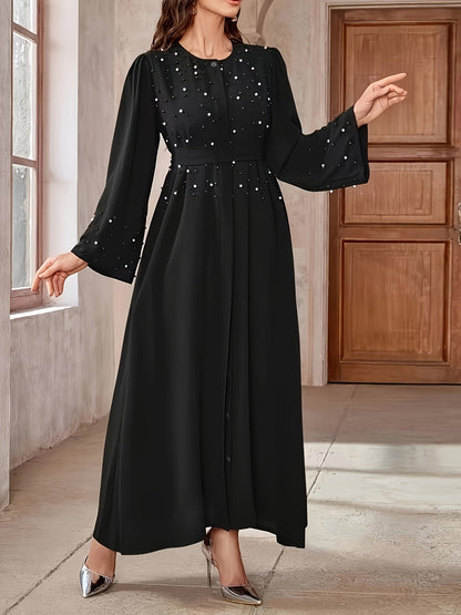 Elegant långlång polyester Abaya med pärldekorationer och bälte, enfärgad, vävt tyg, för alla årstider - Mellanösternstil