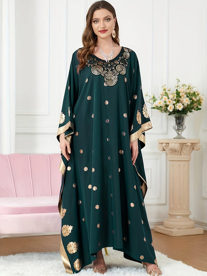 Elegant Maxi Kaftan-klänning med blommönster med gyllene accenter - V-ringad, långärmad, polyester - Maskintvättbar - Perfekt för alla årstider