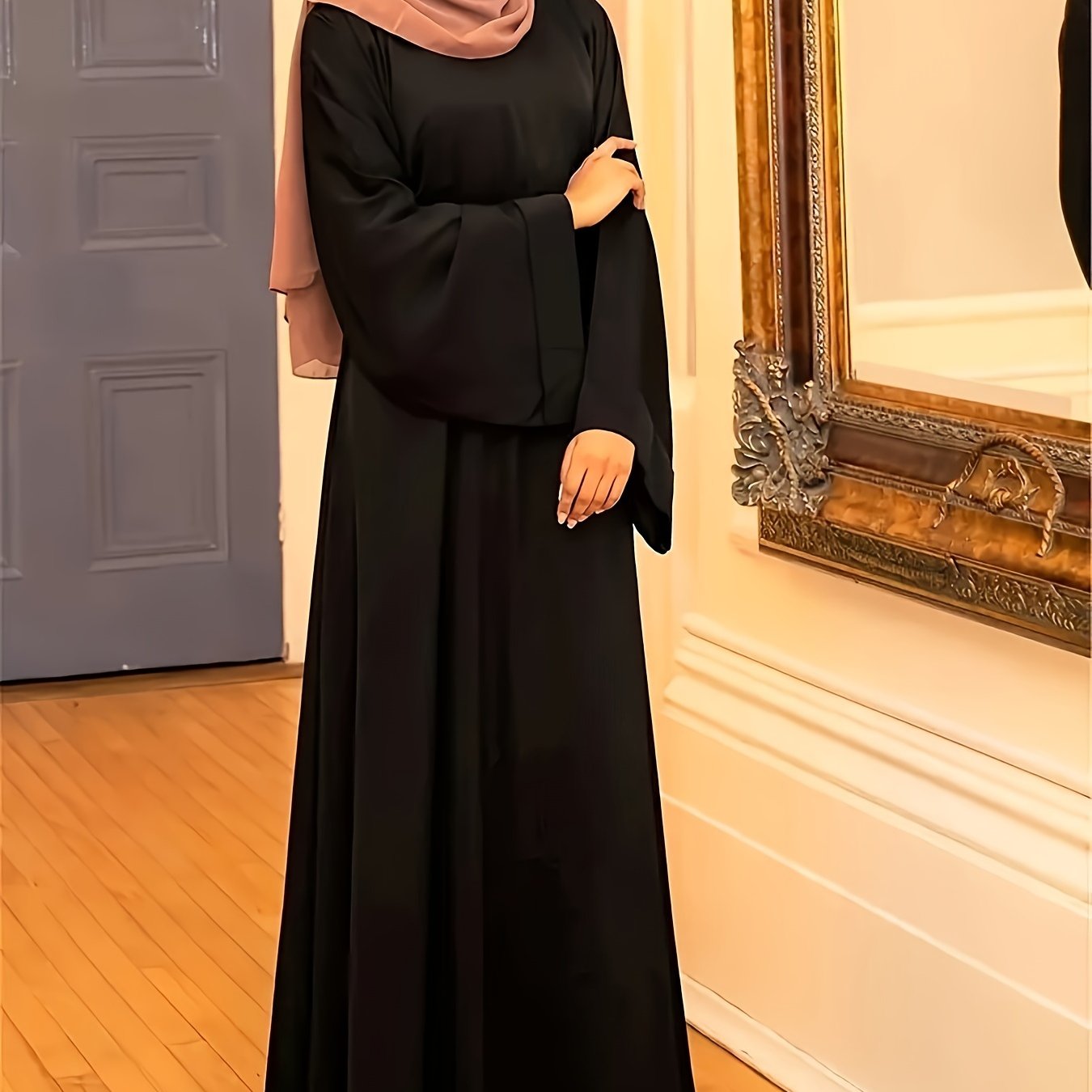 Elegant långärmad Abaya, enfärgad, icke-stretch,  , vår/sommar/höst.