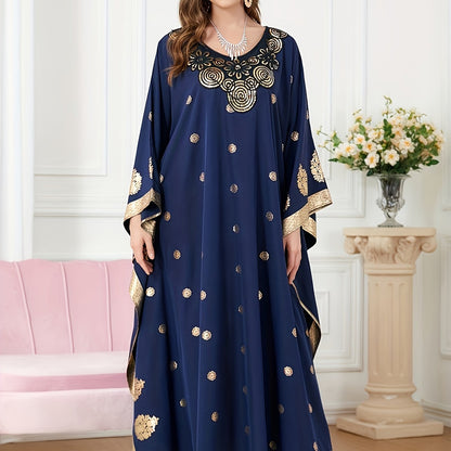 Elegant Maxi Kaftan-klänning med blommönster med gyllene accenter - V-ringad, långärmad, polyester - Maskintvättbar - Perfekt för alla årstider